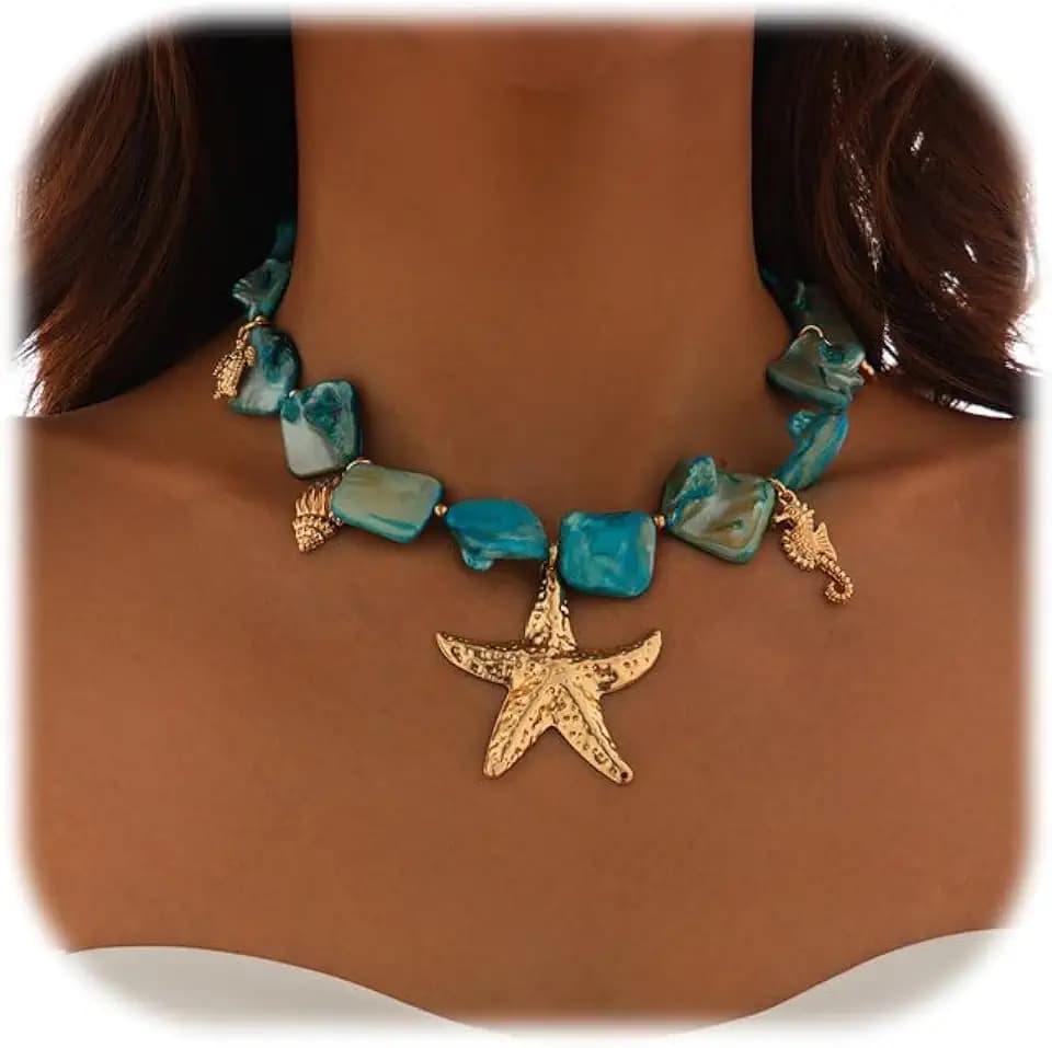 Starfish Shell Necklaces Trendy Summer Colorful Boho Seashell Pendant Beach Necklace Dainty Statement Gold Charm Choke Necklace Fashion Surfer Jewelry for Women