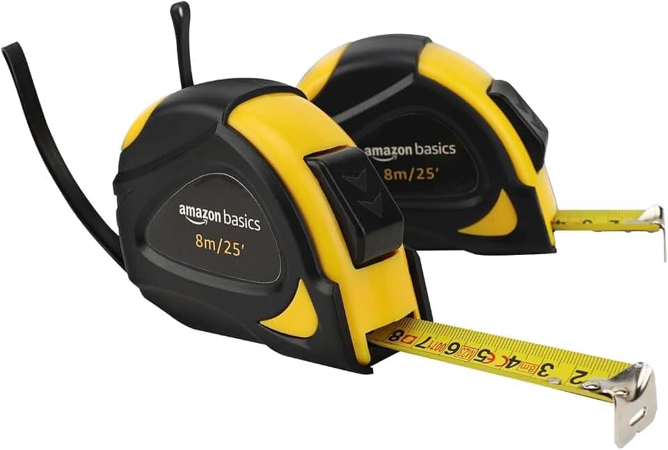Amazon Basics Selbst-arretierendes Bandmaß, (8 m), Skala, MID-Genauigkeit, 2 Stück, gelb,schwarz