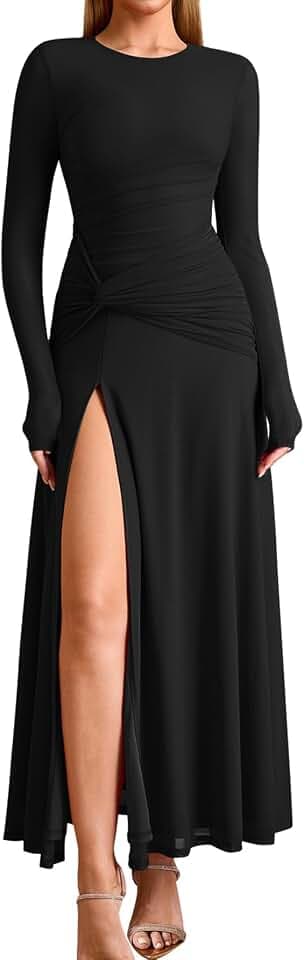 KUTUMAI Long Sleeve Slit Formal Dresses for Women 2025 Fall Wedding Guest Cocktail Party Modest Ruched Maxi Dress