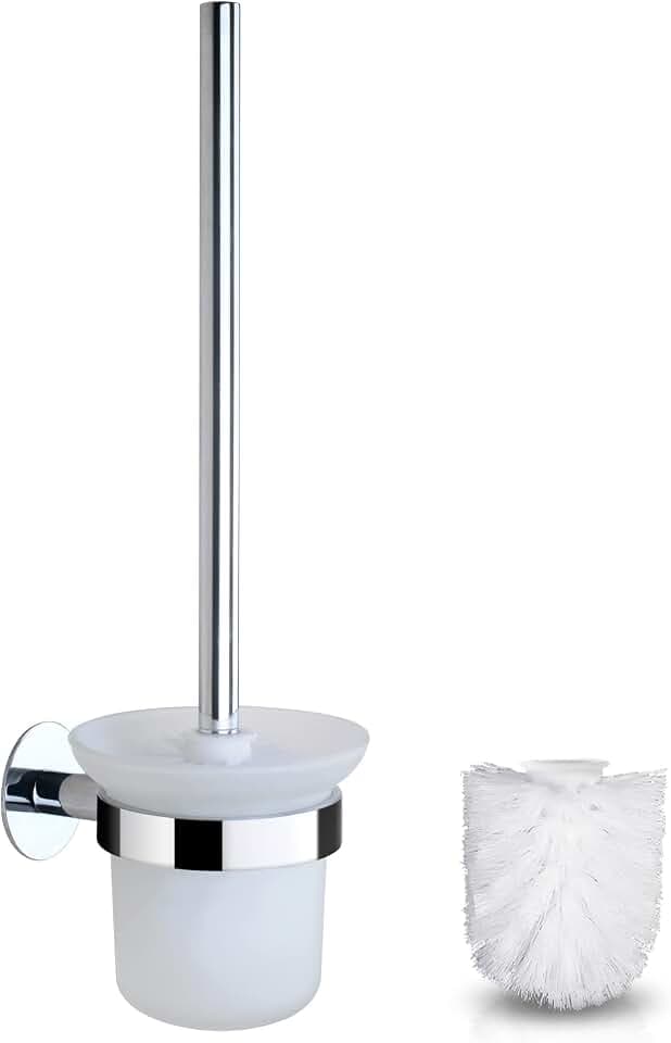 Toilettenbürste Klobürste Wandmontage mit Klobürstenhalter Ohne Bohren WC Bürstengarnitur Edelstahl Silber enthält 2 Weiße WC Bürstenkopf und Toilettenbürstenhalter aus Glas