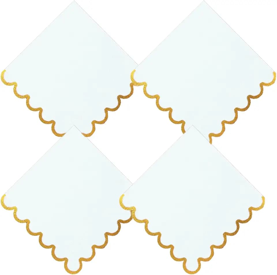 100 pack White Cocktail Napkins with Gold Foil Accents Scalloped Edges 5 x 5 inch Beverage Disposable Napkin Party Decoration Wedding Bridal and Baby Shower Dinner Lunch Supplies