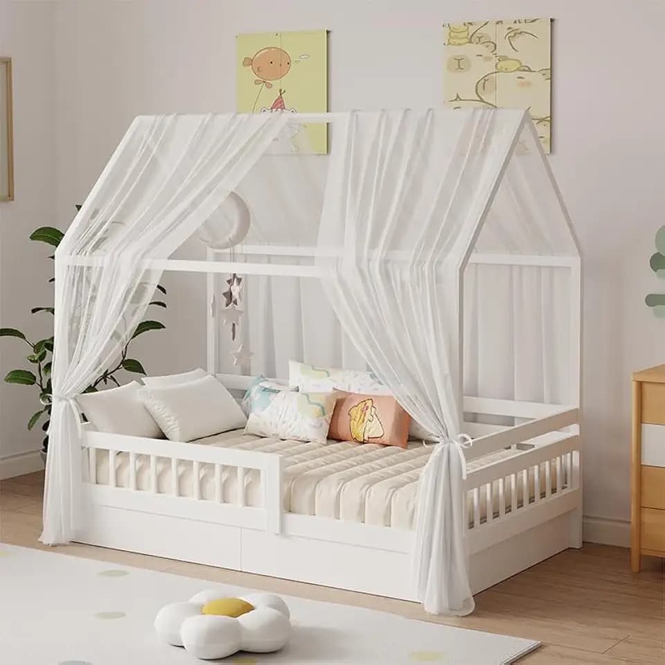 Hausbett Himmel Set, 2 Stück Betthimmel Hausbett für Hausbett Deko, Bett Vorhang für Mädchen Jungen Kinderbett Kinderzimmer Deko,150 x 350 cm Weiß