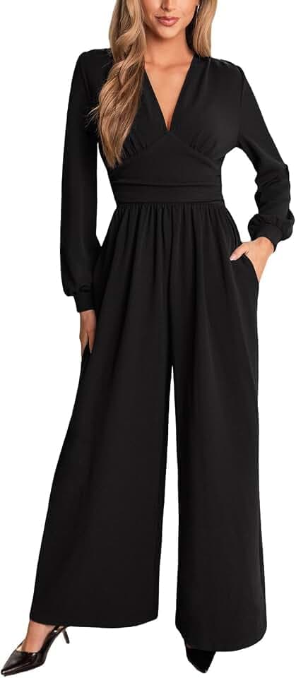 CUPSHE Women's Romper V Neck Plunging Long Sleeve Ruching Overalls Wide Leg Jumpsuit Outfit Casual Dressy