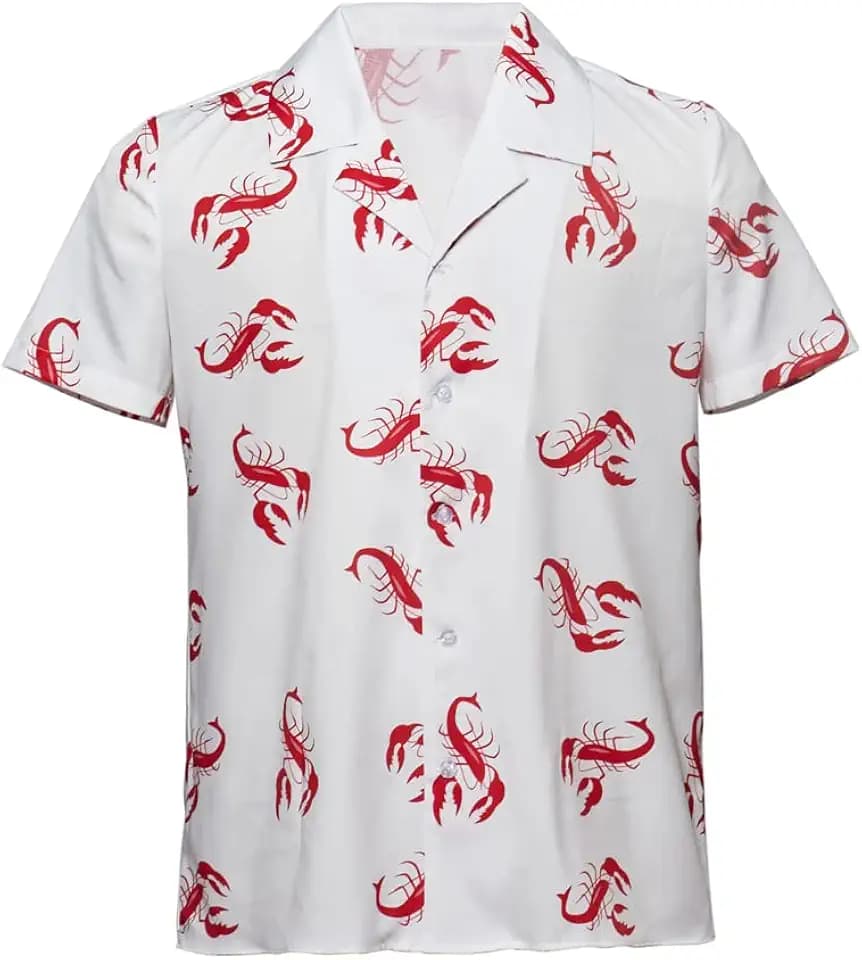 VintageCos Men's Kramer Lobster Shirt Button-Up White Tee Hawaiian Short Sleeves Casual Beach Shirts