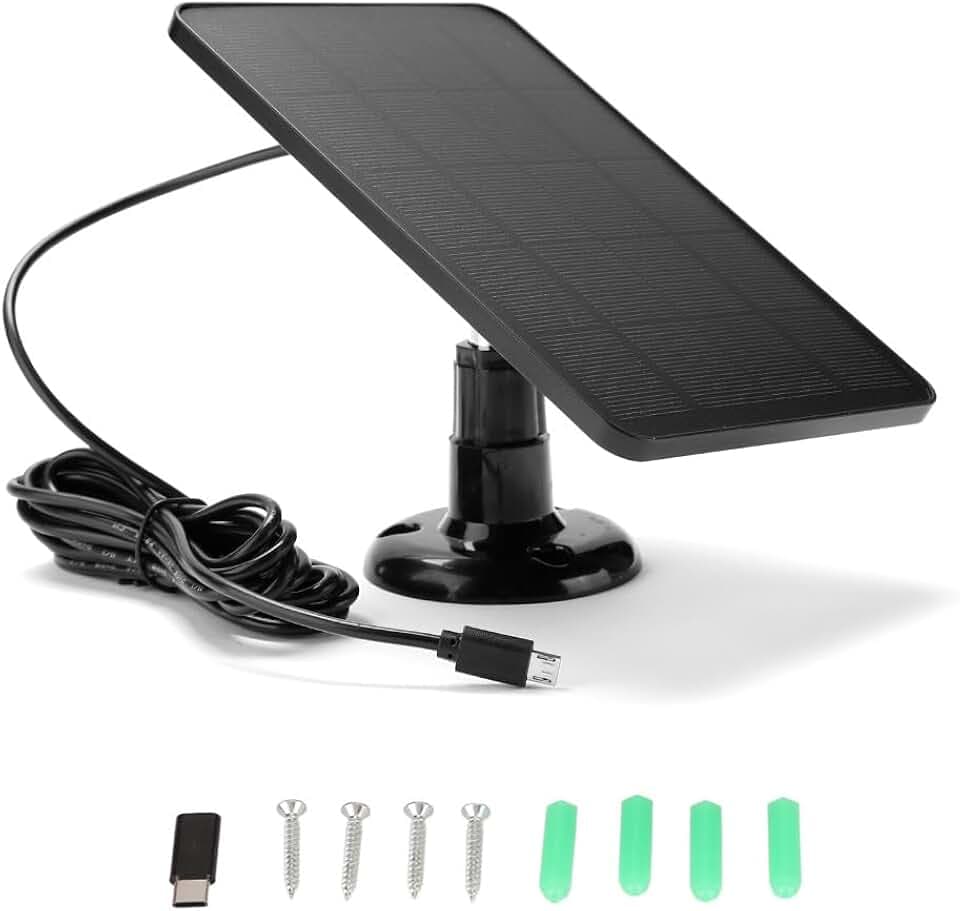 Solarpanel für Überwachungskamera, 5 V, 4 W, Micro-USB- und USB-C-Anschluss, Solarpanel für Kabellose Outdoor-Überwachungskamera, IP65 Wasserdichtes Solarladegerät, 360° (Schwarz)