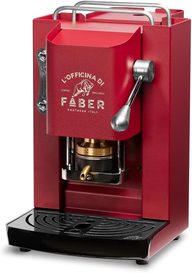 FABER COFFEE MACHINES | Pro-Deluxe-Modell | 44 mm Kaffeepad-Maschine | Farbe Kirschrot Chrom | Padsqueuer aus Messing