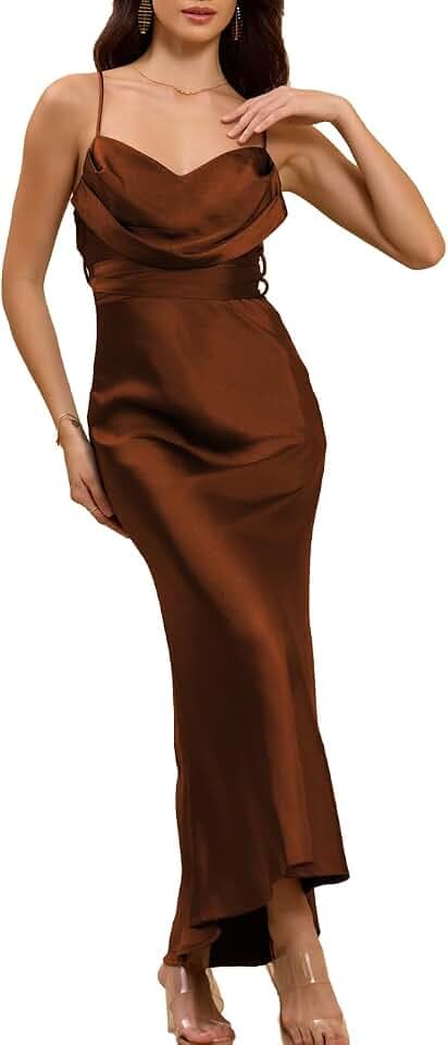 Summer Satin Cowl Neck Maxi Wedding Guest Cocktail Dress for Women