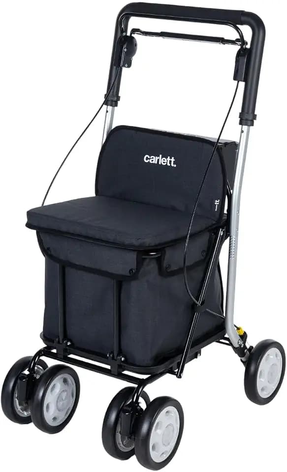 Carlett Rollator und Einkaufstrolley mit Sitz, EU-Medizinprodukt, höhenverstellbarer Griff, Doppelfeststellbremse, Räder in 3 Positionen, leicht und kompakt – Comfort Move, Schwarz