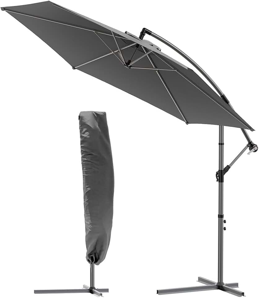 VOUNOT Ampelschirm 300 cm, Sonnenschirm mit Ständer, Kurbel, Windsicherung und Abdeckung, 360° drehbar & neigbar, Stabiler Gartenschirm für Terrasse, Balkon & Garten, Marktschirm UV-Schutz, Grau