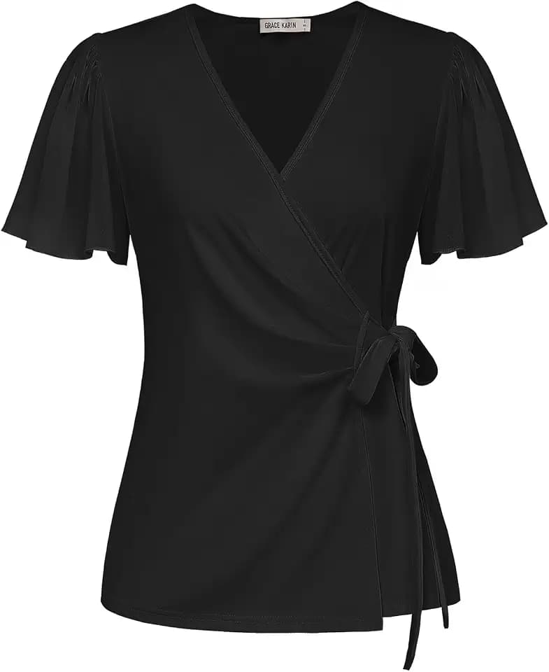 GRACE KARIN Damen Wickelbluse Elegant V-Ausschnitt Tunika Fließende Chiffon Kurzarm Oberteile Basic Loose Fit Sommer Freizeit Top