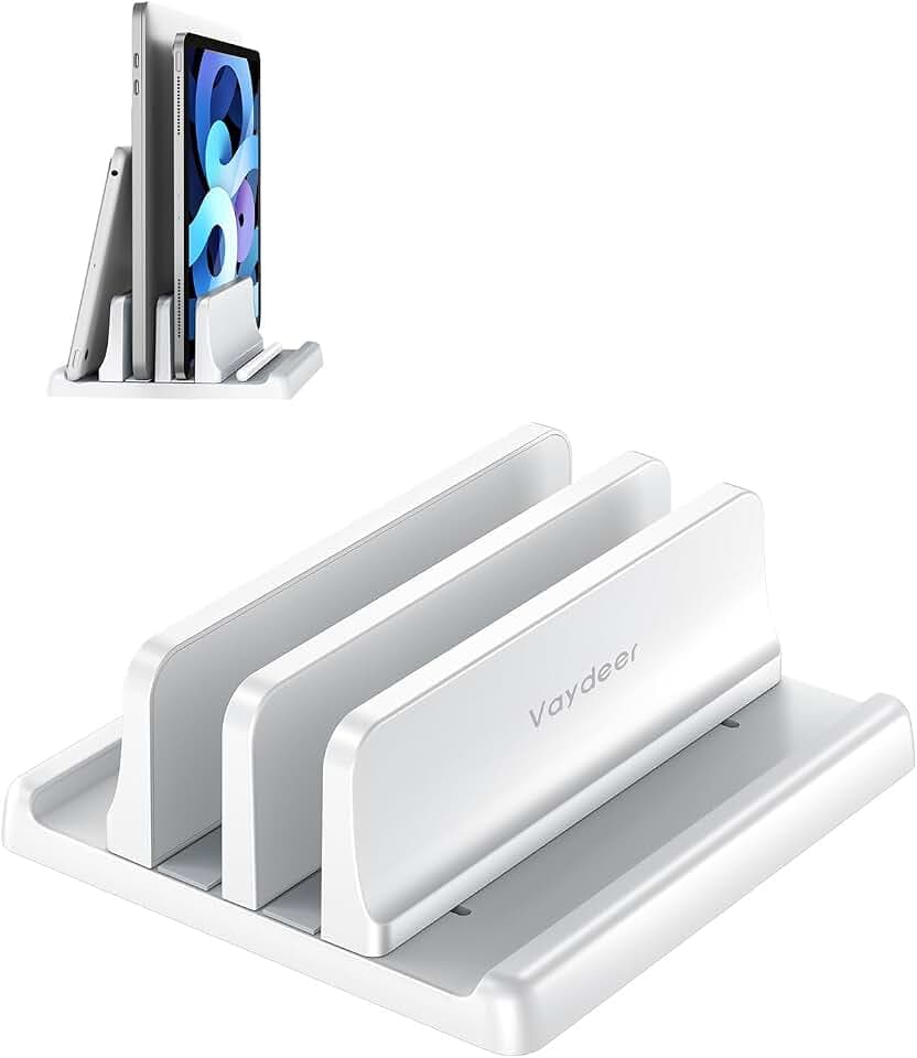 VAYDEER Vertikaler Laptopständer mit 2 Steckplätzen, Weiß | Platzsparendes 4-in-1-Design für MacBook Air/Pro, iPad, Tablets und Notebooks bis 17,3 Zoll.