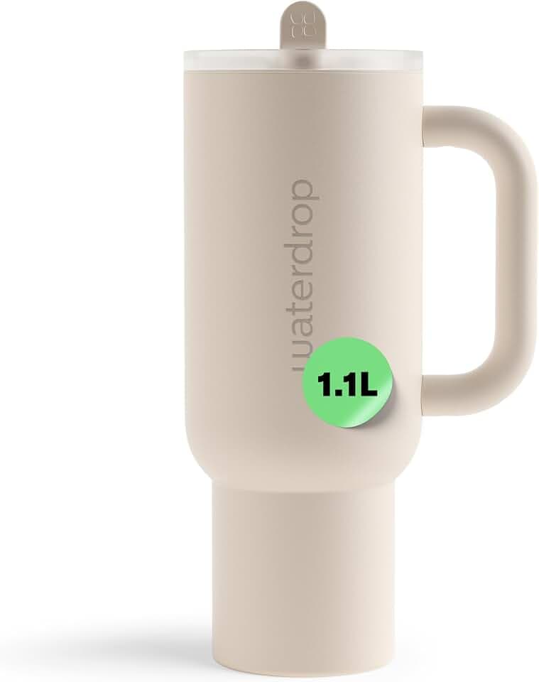waterdrop® Thermobecher mit Strohhalm 1,1L – Auslaufsichere, robuste Trinkflasche mit aufklappbarem Trinkhalm, Hält 12h kalt, Trinkbecher mit Deckel, isolierte Edelstahlflasche