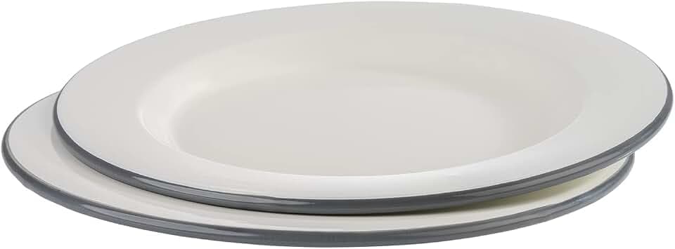 APS 98671 Flache Teller 2er Set -EMAILLE- Ø 26 cm, H: 2 cm, emaillierts Stahlblech, Farbe: cremeweiß mit grauem Rand