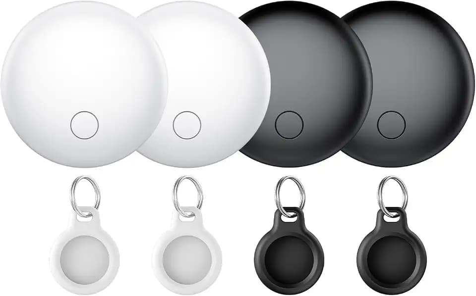 Air Tracker Tags 4-Pack, Item Finders Work for Apple Find My APP(iOS Only) Tracker Tags for Keys, Luggage, Backpack etc,Replaceable Battery Last 1 Year, IP67 Waterproof Round Tag with Holder Keychain
