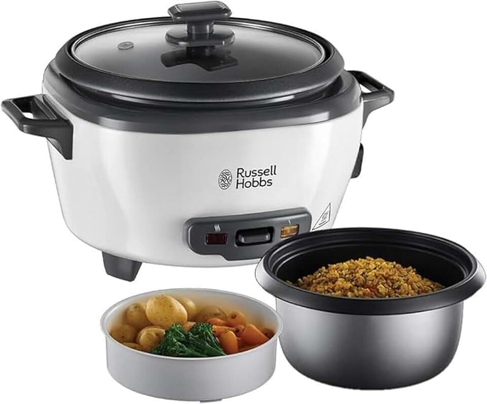 Russell Hobbs Reiskocher klein [medium] 0,8l (inkl. Dampfgarer-Einsatz, Warmhaltefunktion, antihaftbeschichteter Gartopf, Reislöffel & Messbecher) Schongarer für Gemüse & Fisch 27030-56