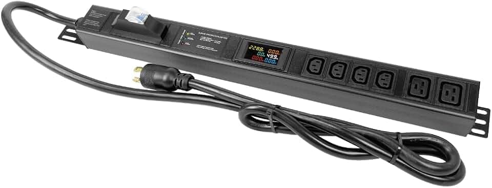 Multi Metered-Breaker-Surge Protection PDU, 240V, L6-30P, 30A, 7200watts, (4) C13 & (2) C19 Outlets, Crypto Mining, Data Center,1U Rack, IT Networking with LCD Multimeter, Power Distrubution Unit