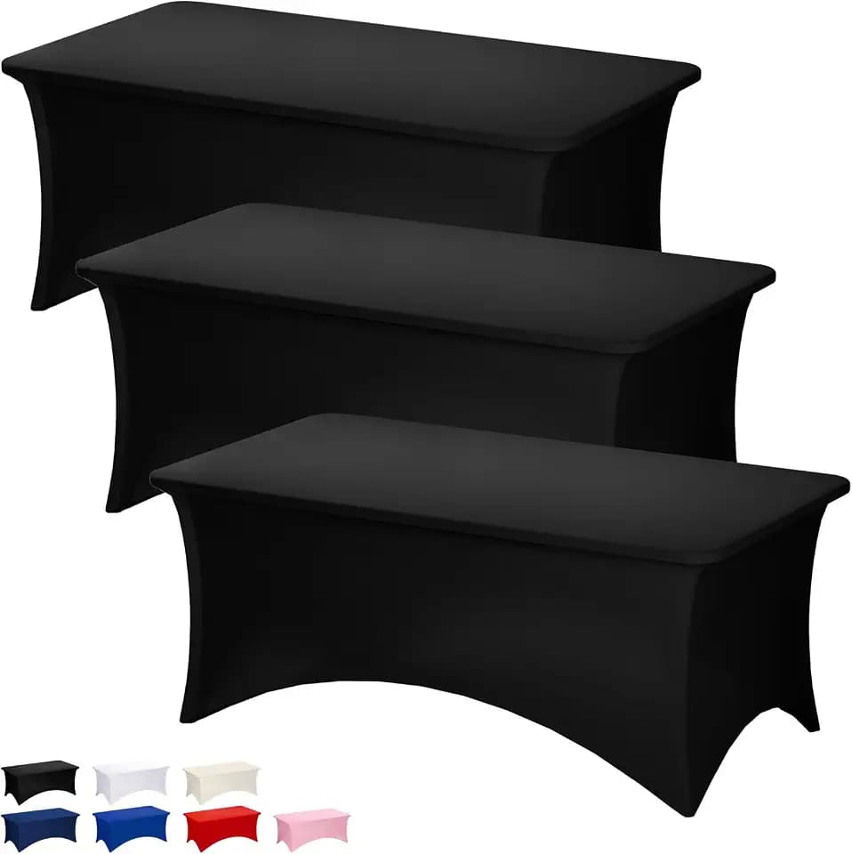 Fixwal 3 Pack 8FT Black Tablecloth Rectangle Spandex Fitted Table Cover