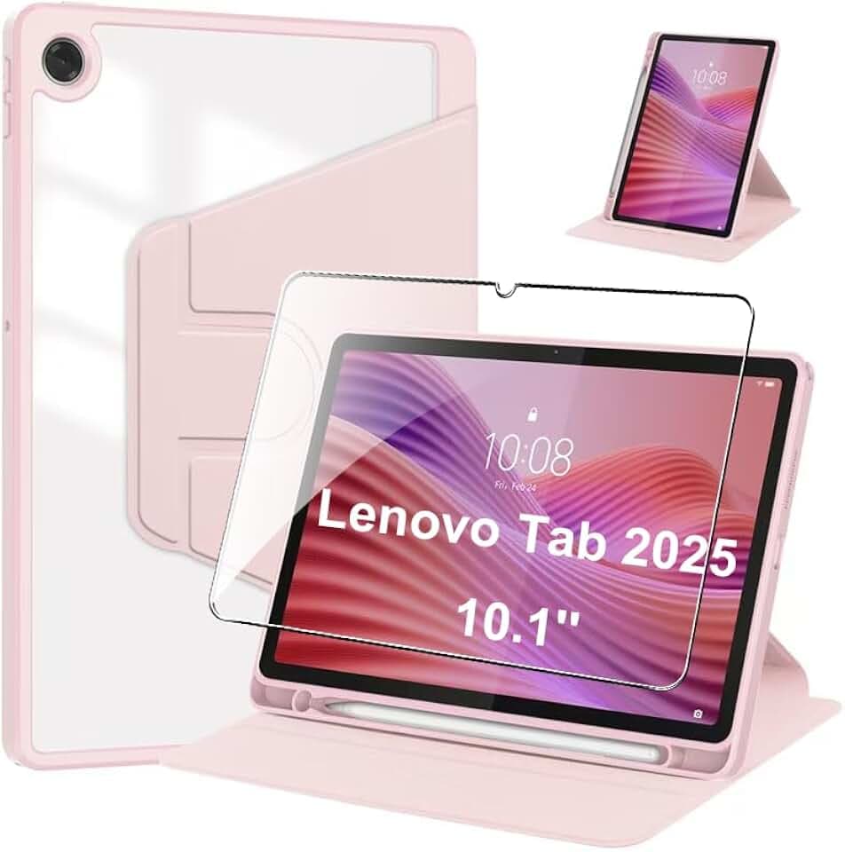 Case for Lenovo Tab Tablet 10.1'' 2025,Protective Case with Tempered Glass Screen Protector,360 Degree Rotation Stand Cover Clear Back, Auto Wake/Sleep [Protective Ultra Thin][Anti Scratch]-Pink