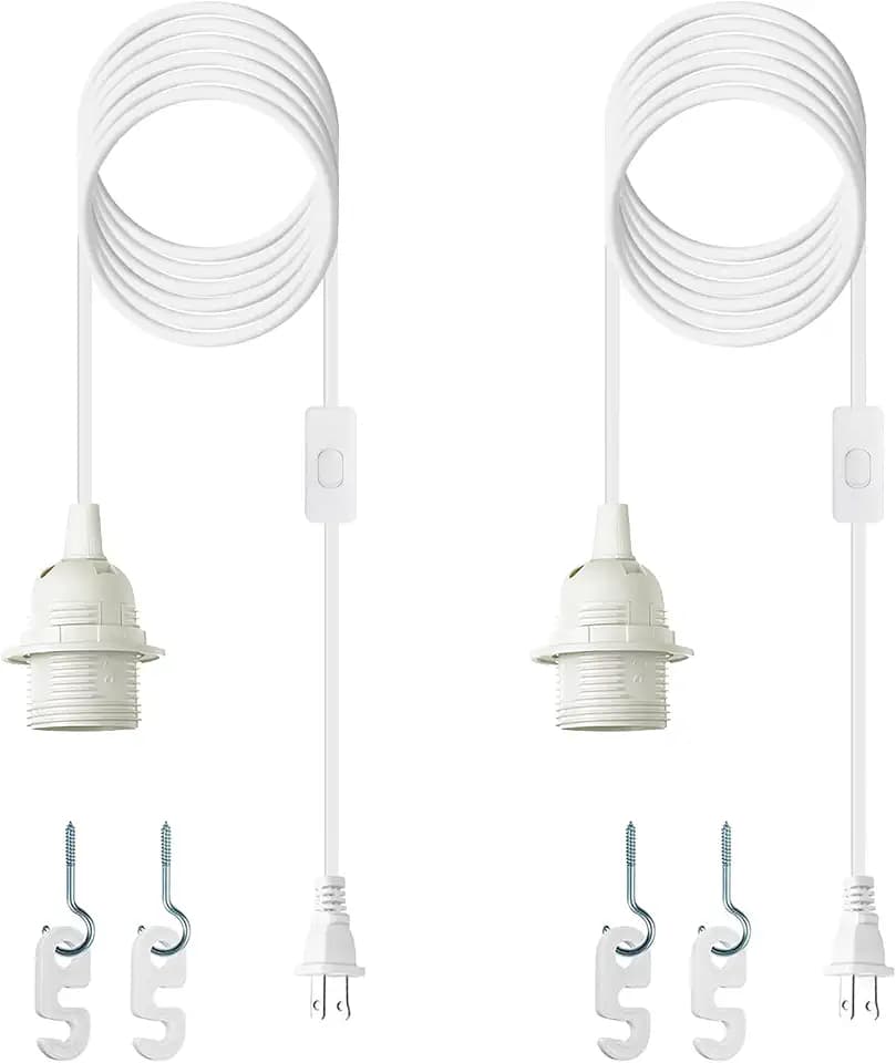 Plug in Light Socket - 16Ft Pendant Light Cord Kit E26/E27 Light Socket Hanging Lantern Lamp Cord with On/Off Switch,Socket Rings, 2 Pack, White