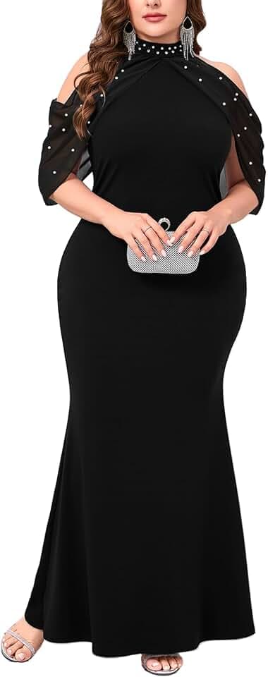 CYCLAMEN Plus Size Evening Gowns with Pearl Rhinestone Cold Shoulder Halter Neck Chiffon Curvy Mermaid Formal Maxi Dress