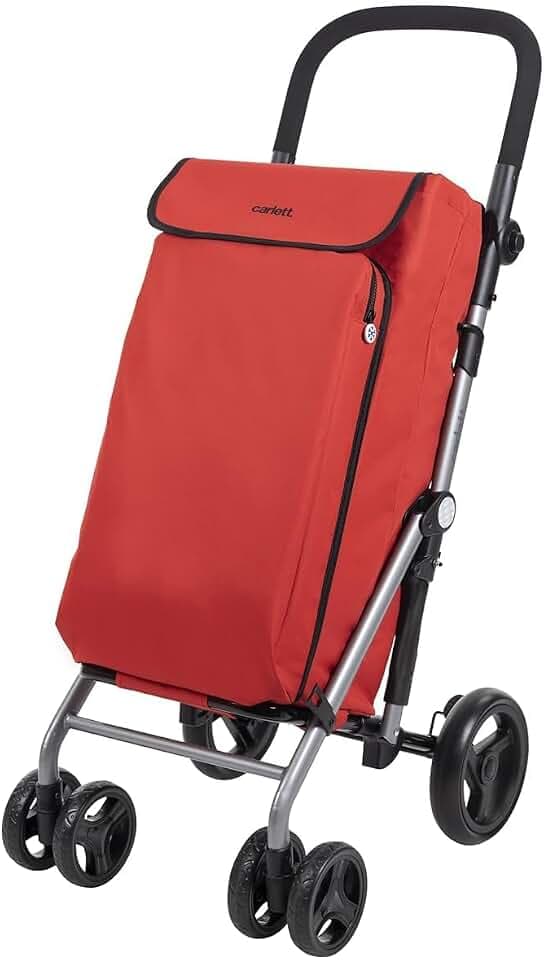 Carlett Einkaufstrolley mit 4 Rädern, faltbar, mit Abnehmbarer 48-L-Tasche, bis 25 kg und 10-L-Thermofach, höhenverstellbarem Griff, Sicherheitsbremse, auf 2 Räder umstellbar, leicht – Lite Duo, Rot