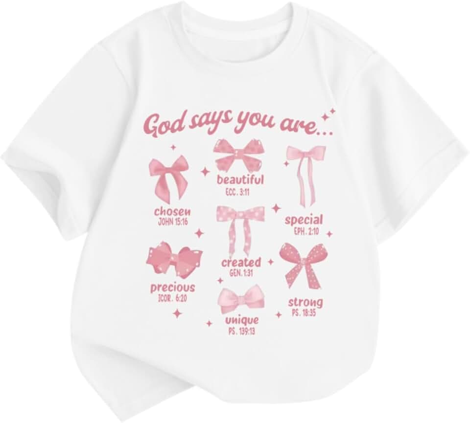 KEEVICI Cute Girls Bow God Shirt Christian Graphic Tees Jesus Shirts for Kids Bible Verse Inspirational Religious T Shirts