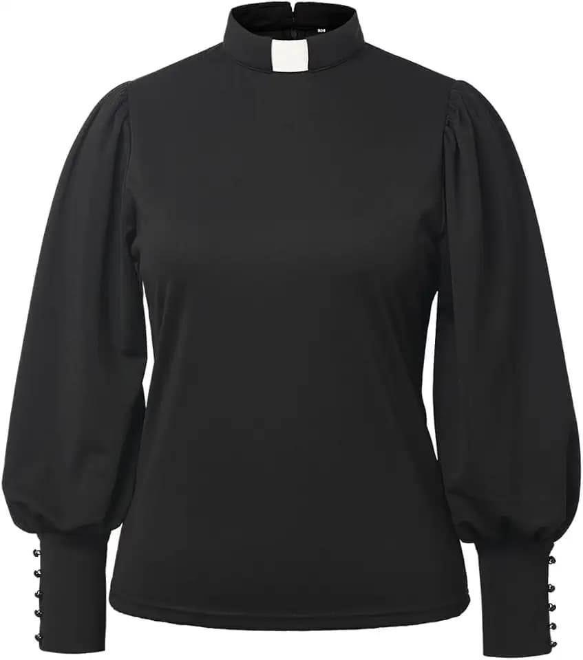 CAMDOM Womens Church Clergy Shirt Tab Collar Long Puff Sleeve with Cufflinks Blouse Top