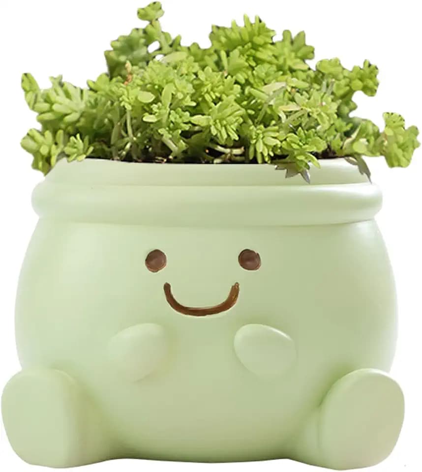 Cute Face Planter Pot, Small Resin Head Planters for Indoor Plants, Funny Smiling Face Flower Pot Succulent Planter with Drainage Hole, Gift IdeaI for Birthday Christmas (Green)