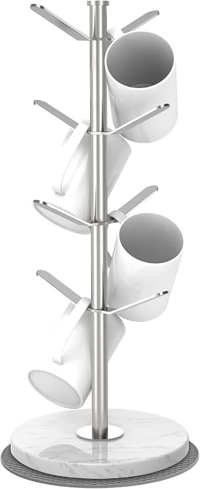 Silver Marble Mug Holder Tree with 2–8 Adjustable Hooks