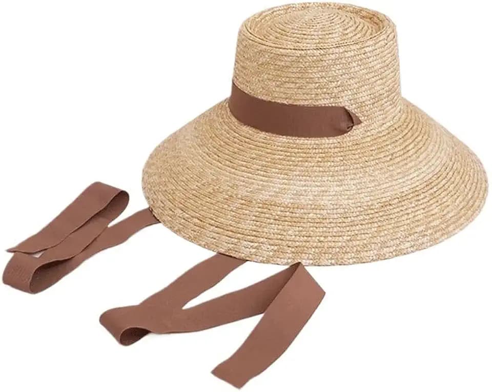 Women Wide Brim Straw Hat with Chin Strap Summer Sun UV Sun Protection Beach Hat Wind Lanyard