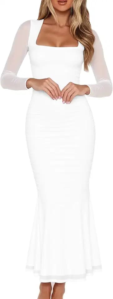 BORIFLORS Women's Ruched Bodycon Long Sleeve Wedding Guest Maxi Dress