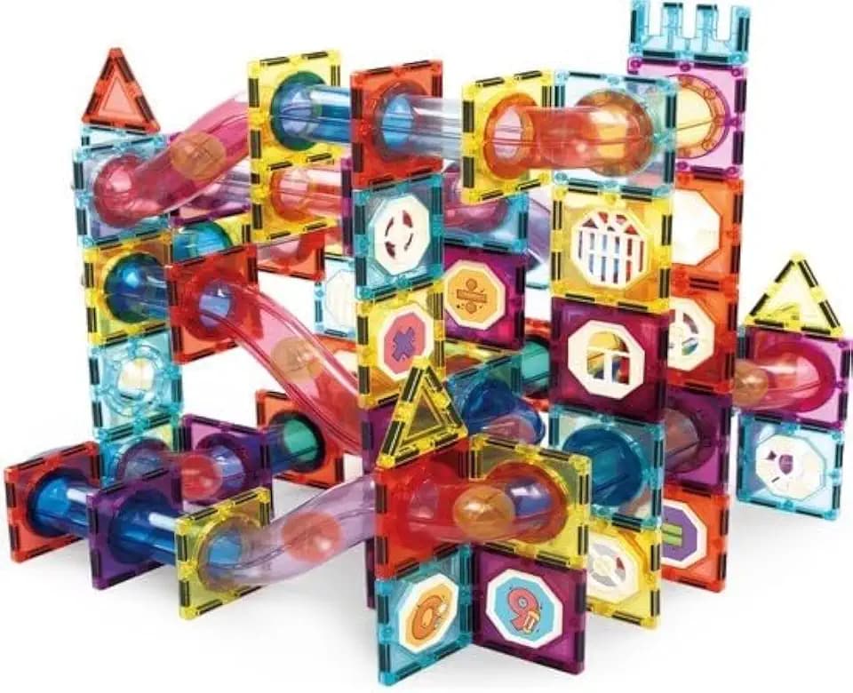 Olvy Magnetische Bausteine STEM Spielzeug Murmelbahn 100 Teile Kugelbahn 3D
