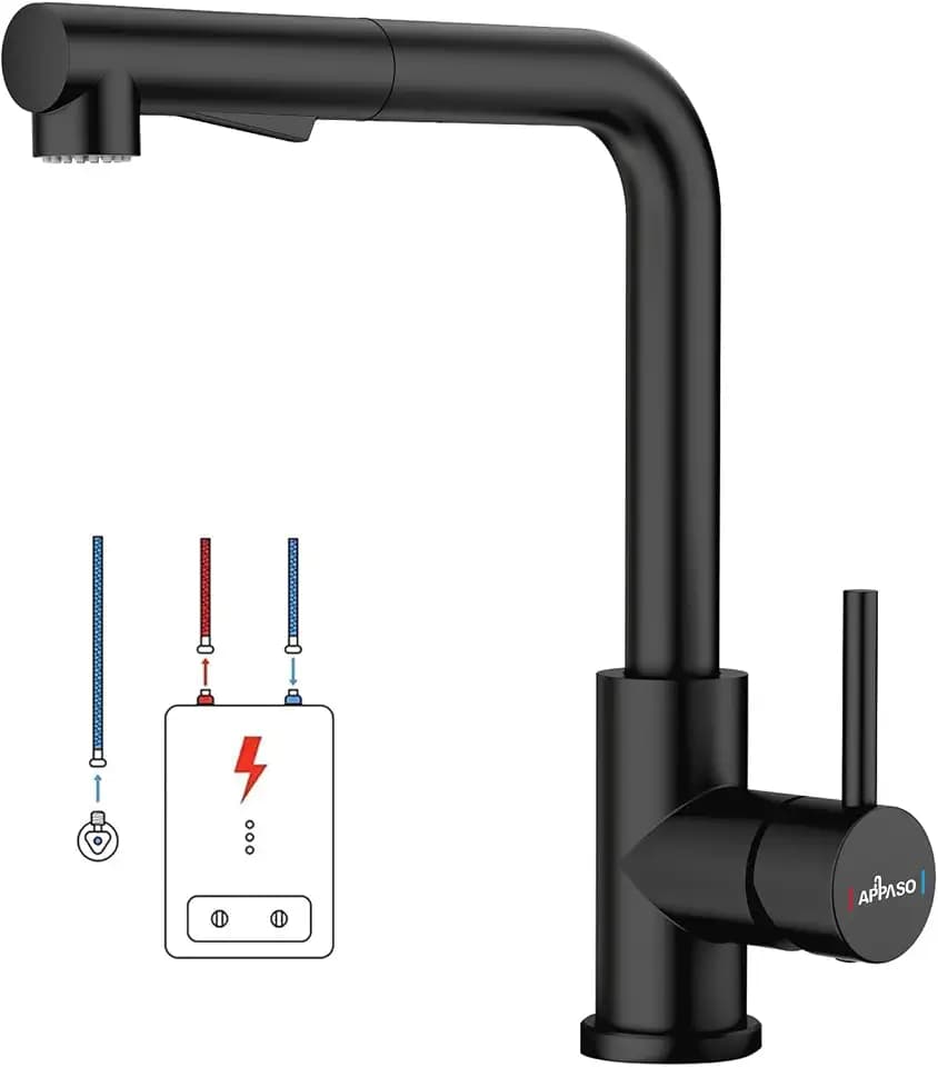 APPASO Niederdruck Armatur Küche Schwarz, Wasserhahn Küche 3 Anschlüsse, Niederdruck Küchenarmatur, Spültischarmatur Niederdruck mit 2 Strahlarten, Mischbatterie für Boiler Edelstahl Schwarz