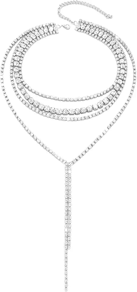 Layered Wedding Choker Rhinestone Necklace Sparkly Long Crystal Neck Chain for Women