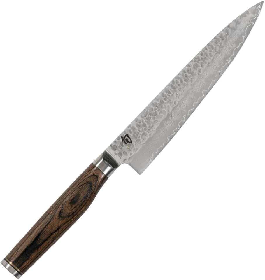 KAI Shun Premier Tim Mälzer japanisches Allzweckmesser 16,5 cm Klingenlänge - VG-MAX Kern 61 HRC, 32 Lagen Damast hochglanzpoliert - Pakkaholz mittelbraun - Hammerschlagoberfläche - Made in Japan