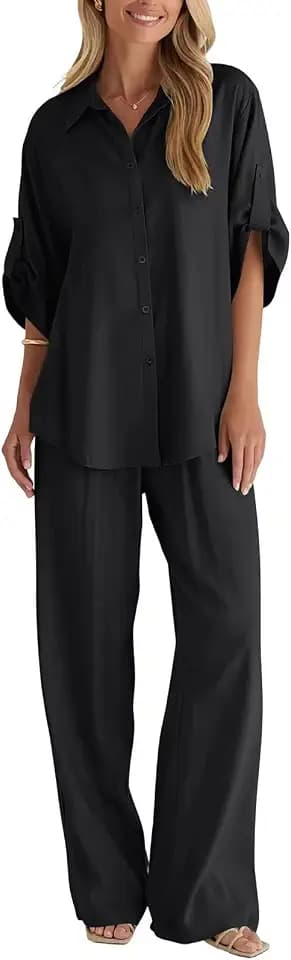 Women's 2 Piece Cotton Button Up Suit,and Wide Leg Pant Set,Business Casual
