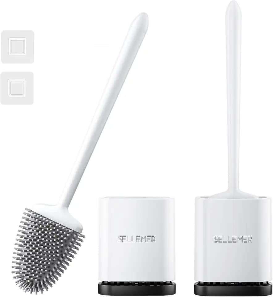 Sellemer WC Bürste, 2 Stück Wand/Fuß Montierte Klobürste, Klobürsten Silikon mit Schnell Trocknendem Halter, Flexible Silikon Toilettenbürste für Toilette（Weiß）