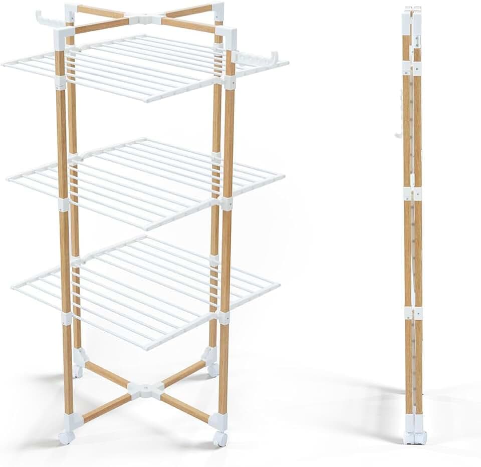 VOUNOT® Wäscheständer Turm 3 Ebenen, Turmwäscheständer Klappbar Platzsparend, Standtrockner Wäscheturm Wäschetrockner mit 4 Rollen & 2 Seitenflügel, 25m Leinenlänge, in Holz Imitiert, Weiß