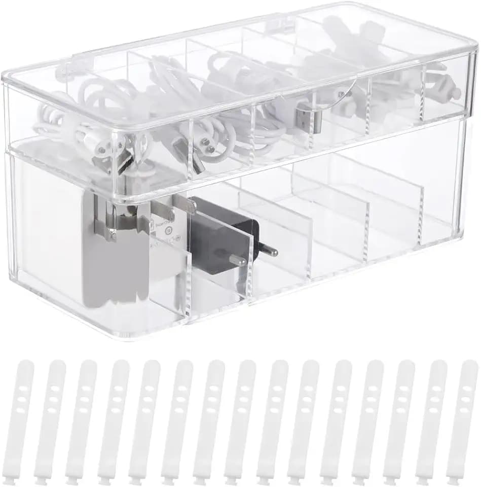 BOSREROY USB Cable Charger Organizer Box with 12 Grids – Double-Layer Plastic Storage Case with Lid & 15 Cable Ties | Wire Management Solution for Cords, Chargers & Accessories