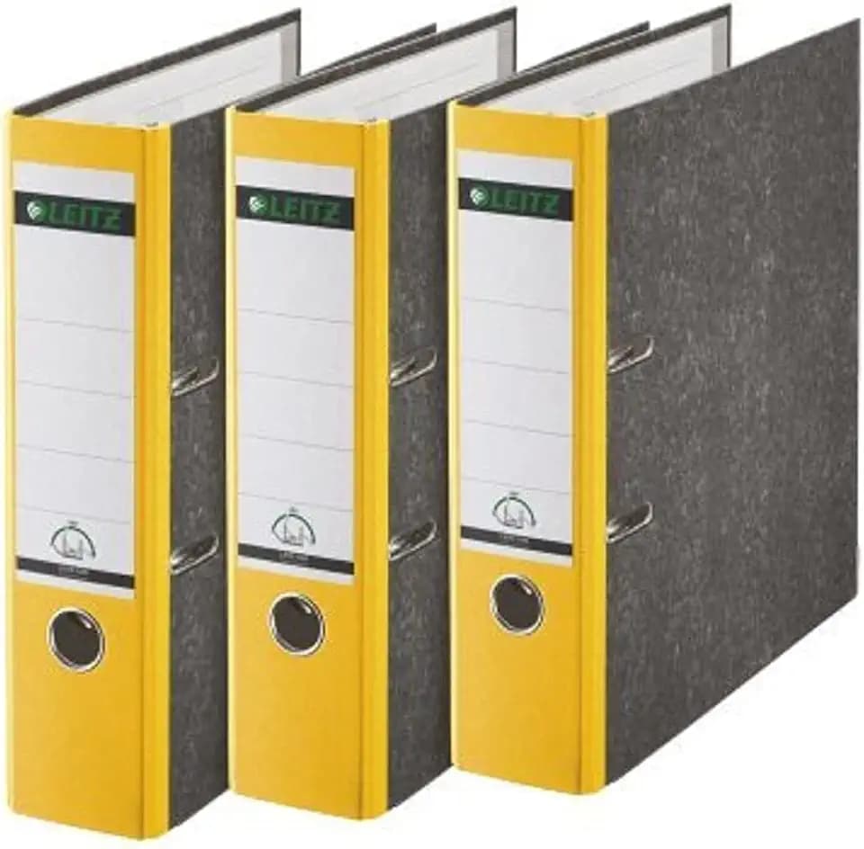 Leitz Qualitäts-Ordner, 3er-Pack, Wolkenmarmor-Papier, A4, 8 cm Rückenbreite, Gelb, 310305015