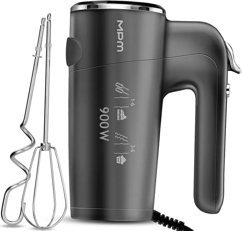 MPM Handmixer 900W - 6 Geschwindigkeitsstufen + Turbo, 4 Lange Rühraufsätze