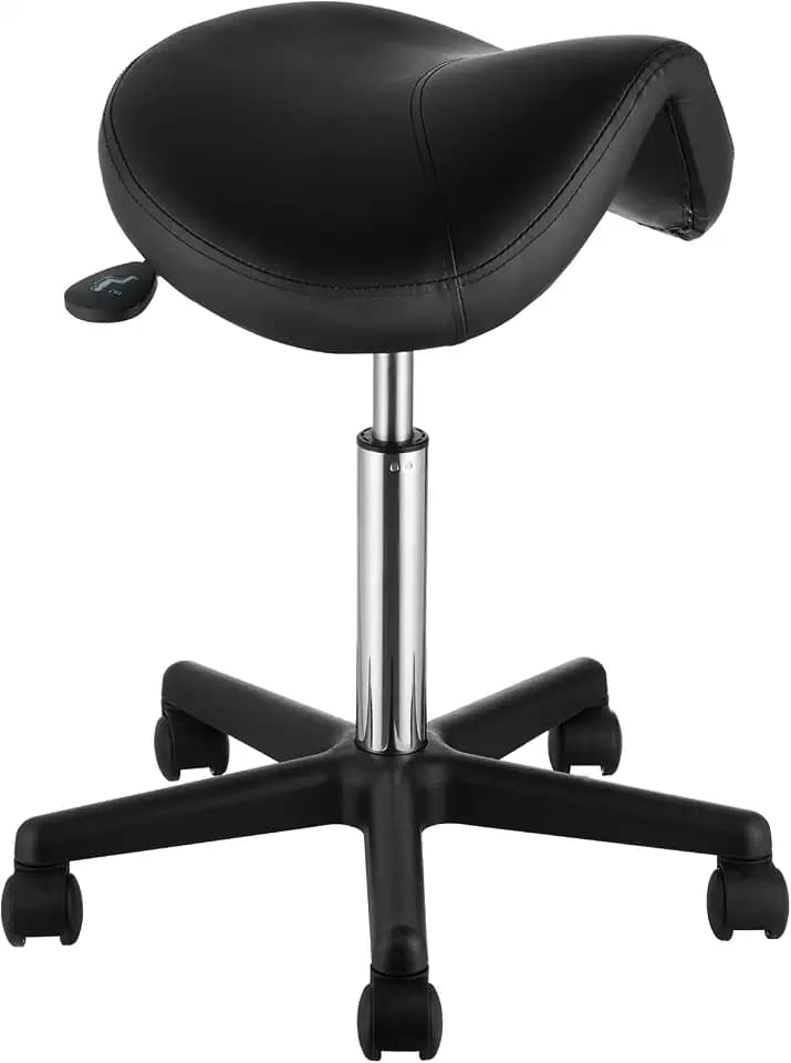VEVOR Saddle Stool with Wheels, 400 LBS Weight Capacity, Height Adjustable Thickened PU Leather Swivel Saddle Stool Chair for Salon, Spa, Tattoo, Clinic, Black