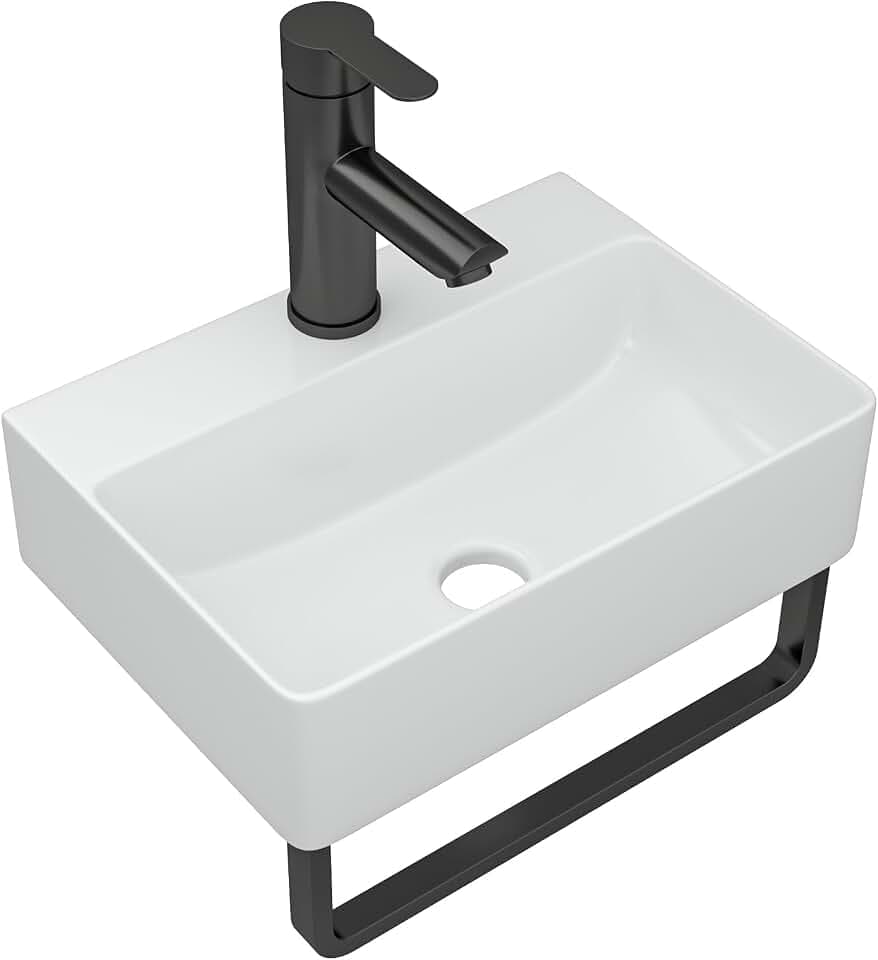 Dcolora 14"x10" Wall Mounted Bathroom Sink, Small Floating Sink Rectangular Ceramic Porcelain Wall Hung Sink with Black Faucet & Towel Rack, 10"D x 14"W x 4"H