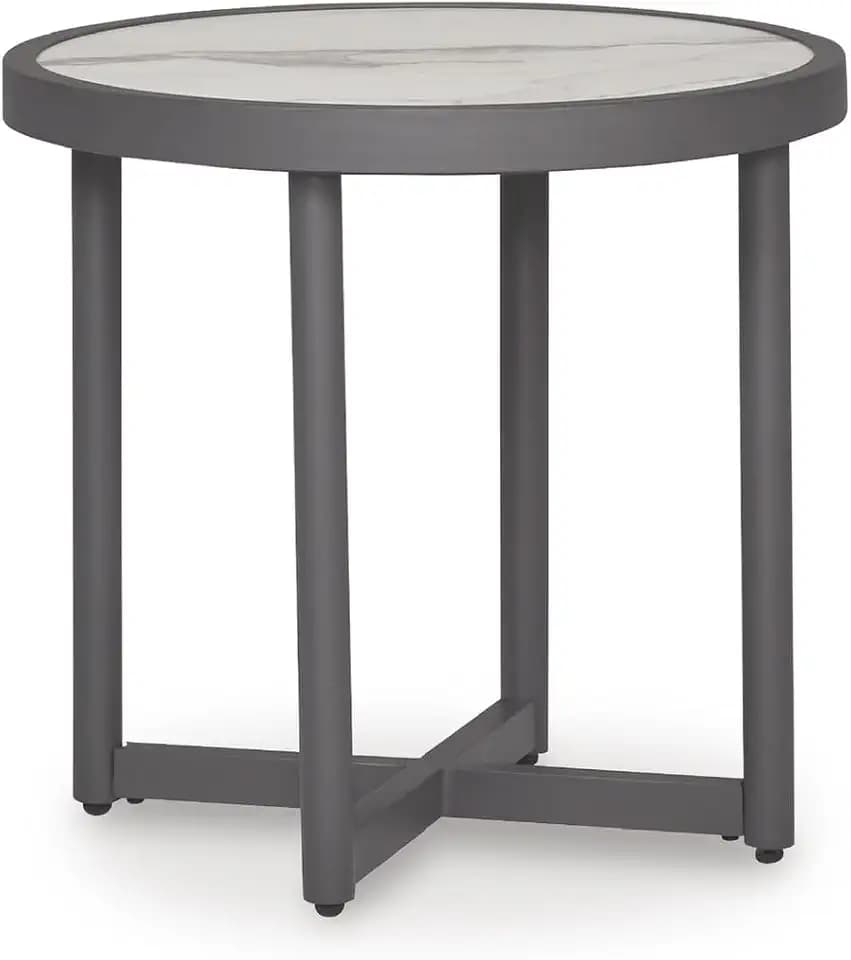 Signature Design by Ashley North Island Outdoor Side Table, Powder-Coated Aluminum, Marble-Look Sintered Stone Top for Porch or Patio Seating Accent, Gray