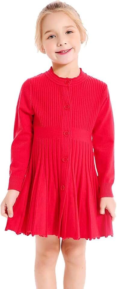 ZHUANNIAN Kinder Mädchen Plissee Kleid Langarm Knopfleiste Schule Strickpullover Kleider