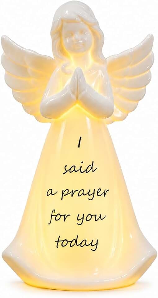 Ceramic Prayer Angel Figurine with LED Light, “I Said a Prayer for You Today” Inspirational Christian Angel Statue, Battery Operated Faith Decor for Encouragement, Comfort & Thinking of You