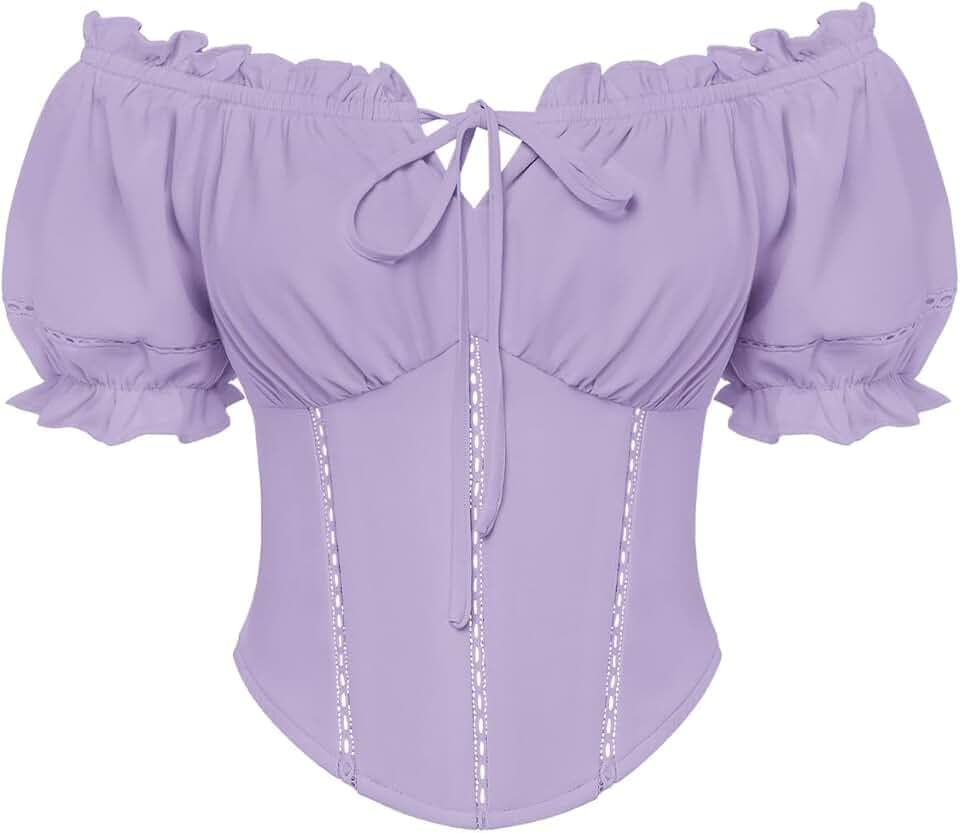 SCARLET DARKNESS Damen Renaissance Bluse Kurz Puffärmel Korsett Oberteil mit Schleifen Verziert Mittelalter Blusen