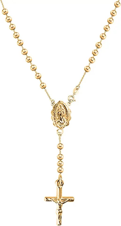 Savlano 925 Sterling Silver Italian Solid Bead Chain Cross & Rosary Virgin Mary Pendant -18K Gold Plated Y Necklace Comes With Gift Box for Women - Made in Italy