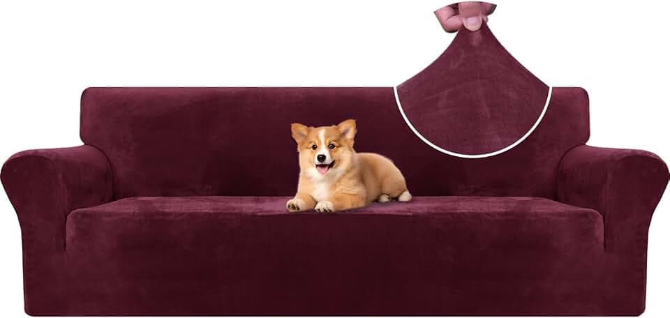 Samt Sofa Überzug 4 Sitzer, Sofabezug Elastische, Couch Überzug Haustier Katze Hunde, Universal Sofa Cover Moderne, Sofahusse Mit Armlehnen, Sofaschoner rutschfest, Weinrot