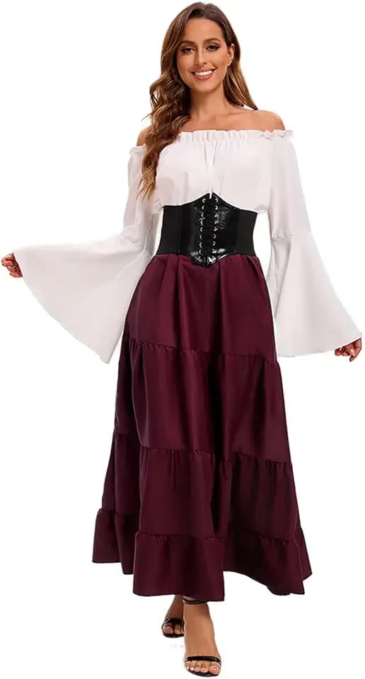 Feynman Damen Retro Mittelalter Kleid mit Trompetenärmel, Mittelalterliche Viktorianischen Königin Kleider Renaissance Gotisch Maxikleid Karneval Halloween Party Prinzessin Kostüm